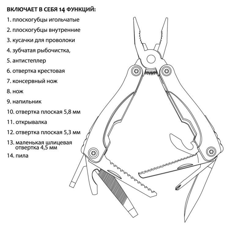 Мультитул. 14 функций. 16х10,5х2 см.