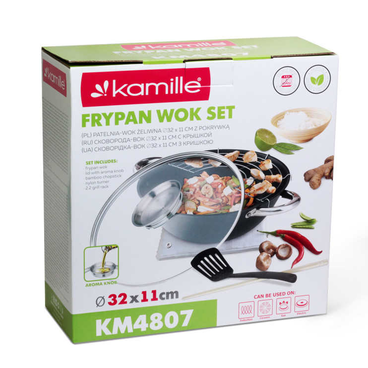 Казан чугунный "Wok", с антипригарным мраморным покрытием, с крышкой, с лопаткой с сеткой и 2 палочками