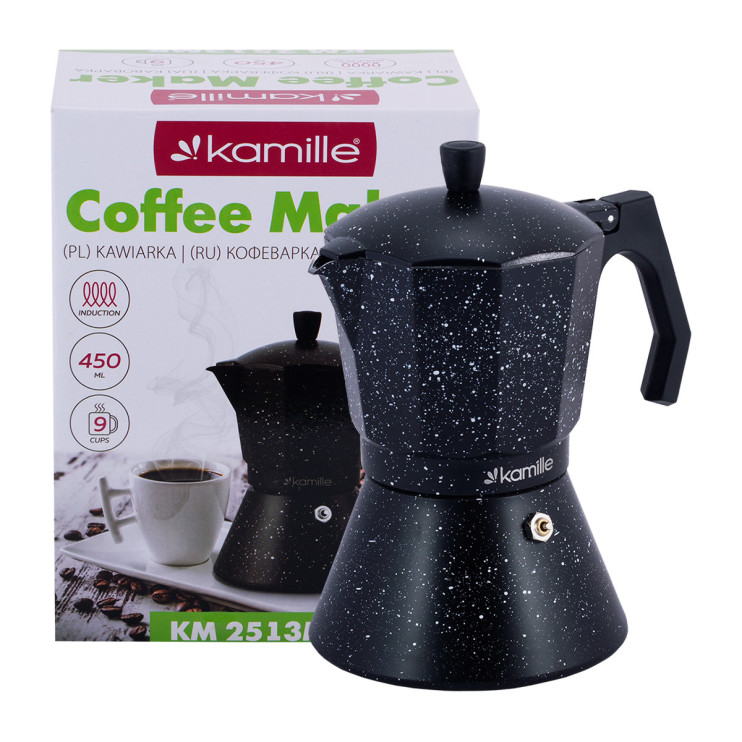 Кофеварка гейзерная Kamille 450мл из алюминия с индукционным дном (чёрный мрамор)  923215